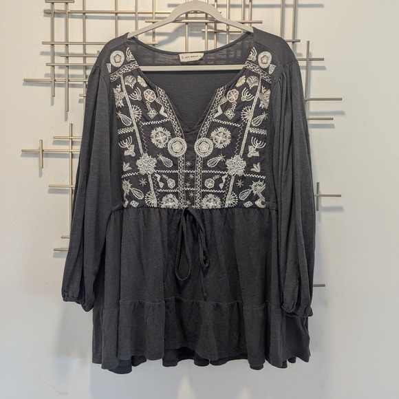 Lucky Brand Tops - Lucky Brand Embroidered Tunic‎ Top Charcoal Gray Long Sleeve Tie Waist Women XXL